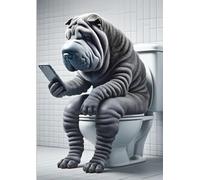 Parksmoonprints A4 Grey Shar-Pei On Toilet on Mobile Phone Print Sharpie Sitting on Loo - Funny Dog Picture Animal Bath Bathroom EnsuiteWall Art Sign