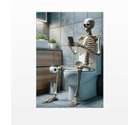 Parksmoonprints A4 Skeleton Sitting on Toilet with Mobile Phone Print - Skull with Cell Phone - Funny Picture Bathroom Wall Art Sign - Hipster Wall Art - Gothic Print