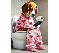 Parksmoonprints Beagle Sitting on Toilet with Mobile Phone Print - Funny Dog with Cell Phone Female Animal Picture Bathroom Loo Rest Room Wall Art Sign - Quirky Wall Art (Full Colour, A4 Size)