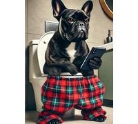 Parksmoonprints Black French Bulldog Sitting on Toilet with Mobile Cell Phone Print Frenchie Picture - Funny Dog Animal Picture Bathroom Wall Art Sign - Man Cave (A4 Size - Full Colour)