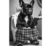 Parksmoonprints Black French Bulldog Sitting on Toilet with Mobile Cell Phone Print Frenchie Picture - Funny Dog Animal Picture Bathroom Wall Art Sign - Man Cave (A4 Size - Black & White)