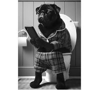Parksmoonprints Black Pug Sitting on Toilet Print - Dog Texting on Mobile Cell Phone - Animal in Pyjamas Picture Bathroom Loo Ensuite Sign Wall Art (Black & White, 8 x 10)