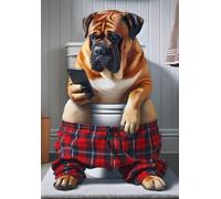 Parksmoonprints Bullmastiff On Toilet on Mobile Phone Print Funny Dog Sitting on Loo Picture Animal Tartan PJs Bath Bathroom Wall Art Sign Bull Mastiff (Full Colour, A4 Size)