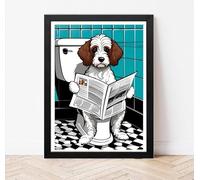Parksmoonprints Cockapoo Sitting on Toilet Reading Newspaper - Brown and White Cockerpoo Print - Funny Dog Picture Bathroom Art Sign Loo Ensuite Wall Decor