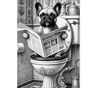 Parksmoonprints French Bulldog Sitting on Toilet Reading Newspaper Print - Frenchie Picture - Funny Dog Animal Picture Bathroom Wall Art Sign Portrait - Man Cave (Black & White, A4 Size)