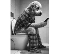 Parksmoonprints Golden Doodle on Toilet Print - Dog on Phone Red Tartan Pyjamas Picture Animal Loo Wall Art Funny Bathroom Quote Sign Ensuite Gift Poodle Quirky Wall Art (Black & White, A4 Size)