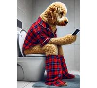 Parksmoonprints Golden Doodle on Toilet Print - Dog on Phone Red Tartan Pyjamas Picture Animal Loo Wall Art Funny Bathroom Quote Sign Ensuite Gift Poodle Quirky Wall Art (Full Colour, A4 Size)