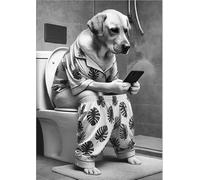 Parksmoonprints Golden Labrador Sitting on Toilet with Mobile Phone Print - Golden Lab Girl Female Pink Funny Dog Animal Picture Bathroom Wall Art Sign - Leaf Pyjamas (Black & White, 8 x 10 inches)