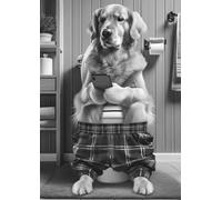 Parksmoonprints Golden Retriever Sitting on Toilet with Mobile Phone Print Labrador Lab with Cell Phone Funny Dog Animal Picture Bathroom Wall Art Sign - Tartan Pyjamas (Black & White, A4 Size)