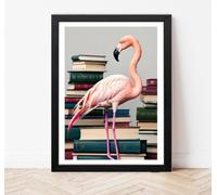Parksmoonprints Pink Flamingo on Books Print - Bird on Pile of Vintage Books - Animal Bird Picture - Reading Corner Library Literature Wall Art Décor (A4 Print Only)
