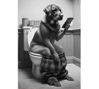 Parksmoonprints Red Fox Labrador Sitting on Toilet with Mobile Phone Print - Red Lab with Cell Phone - Funny Dog Animal Picture Bathroom Wall Art Sign - Tartan Pyjamas (Black & White, A4 Size)