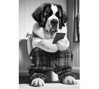 Parksmoonprints Saint Bernard On Toilet on Mobile Phone Print Funny Dog Sitting on Loo Picture Animal Tartan Bath Bathroom Wall Art Sign St Bernard 8x10 A4 (Black & White, 8 x 10 Inches)