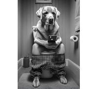 Parksmoonprints Silver Labrador Sitting on Toilet with Mobile Phone Print - Silver Lab with Cell Phone Funny Dog Animal Picture Bathroom Wall Art Sign - Tartan Pyjamas (Black & White, 8 x 10 Inches)