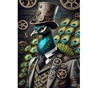 Parksmoonprints Steampunk Peacock Portrait - Tropical Bird Wall Art - Animal Suit Top Hat Picture Gift Peacock Feathers Print Industrial Maximalist Gallery - Bird Print (Full Colour, A4 Size)