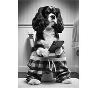 Parksmoonprints Tri Colour King Charles Cavalier Spaniel Sitting On Toilet Print Dog Mobile Phone Picture Animal Cell Phone Girl Bathroom Wall Art Loo Sign (Black & White, A4 Size Print)