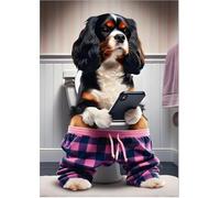 Parksmoonprints Tri Colour King Charles Cavalier Spaniel Sitting On Toilet Print Dog Mobile Phone Picture Animal Cell Phone Girl Bathroom Wall Art Loo Sign (Full Colour, A4 Size Print)