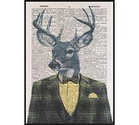 Parksmoonprints Vintage Stag Deer Head Print Dictionary Page Wall Art Picture Yellow Tartan Suit