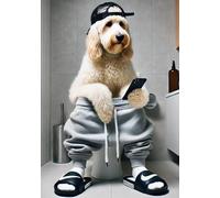Parksmoonprints White Labradoodle on Toilet Print Dog on Cell Phone Picture Cool Animal Loo Wall Art Funny Bathroom Humour Quote Sign Portrait Ensuite - Quirky Wall Art (Full Colour, 8 x 10 inches)
