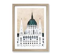 Parliament Building In Budapest Painting Modern Framed Print | A3 Oak Framed Wall Art | Ready to Hang | Modern Cityscape Picture | Living Room Bedroom Lounge Office