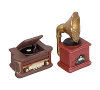 Parliky 2pcs Mini Phonograph Figurines Retro Resin Gramophone Miniature Record Player Dollhouse Accessories Music Room Office Home Decor
