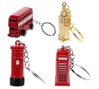 Parliky 4pcs England Style Big Keychain with Bus Mailbox Telephone Booth and Clock Pendants Alloy Souvenir Key Rings for Party Decor and London