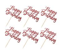 Parliky 6pcs Glitter Happy Birthday Cake Toppers Creative Red Cake Picks for Birthday Parties Anniversaries and Celebrations Fun and Eye Catching Dessert Decorations