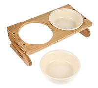 Parliky Ceramic Cat Feeding Bowls Elevated Bamboo Wood Rack, 2 x 600ml 15cm Bowls, Floor Pet Food Dishes for Indoor Cats and Kittens