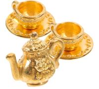 Parliky Miniature Metal Tea Pot for Dollhouse Antique Color Mini Teapot and Tea Cup Accessories Compact Decorative Kitchen Scene Models Elegant Doll House Dining Furniture