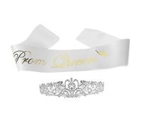 Parliky Prom Queen Graduation Party Decorations Set White Rhinestone Crown Headband with Matching Sash for Accessories