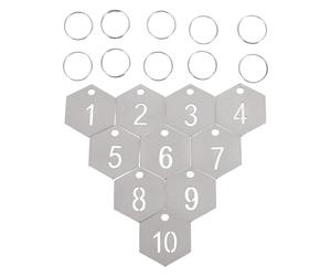 Parliky Stainless Steel Numbered Key Tags and Secure Attachment 10pcs with Key Rings, Hexagonal Metal Tags Polished Look for Personal Belongings and House Lockers for Schools and Offices