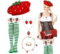 Parma77 6 Pcs Strawberry Costume Accessories Set for Women, Strawberry Beret Hat,Strawberrys Jewelry Set, Cotton Thigh High Over Knee Socks with Bowknot for Halloween Cosplay