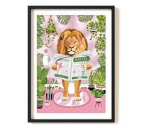 Parmaro Lion on Toilet Print, Lion Reading Newspaper Bathroom Print, A4 UNFRAMED Print, Animal on Toilet Print, Pink Botanical Print, Tropical Bathroom Decor