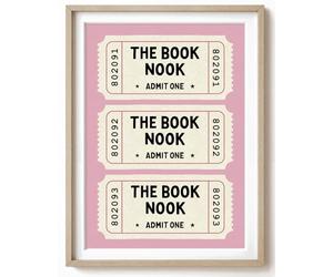 Parmaro The Book Nook Ticket Print, Reading Room Art, A4 UNFRAMED Print, Retro Art in Pink Pastel, Home Artwork Decor Picture