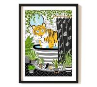 Parmaro Tiger in Bath Print, Tiger Bathroom Art, A4 UNFRAMED Print, Black & White Print, Animal Toilet Print, Botanical Print Tropical Toilet Decor