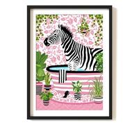 Parmaro Zebra in Bathroom Print, Zebra in Bath Print, A4 UNFRAMED Print, Animal in Bathroom Print, Pink Botanical Print, Tropical Bathroom Decor, Floral Pink Bathroom Decor