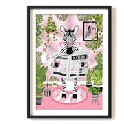 Parmaro Zebra on Toilet Print, Zebra Reading Newspaper Bathroom Print, A4 UNFRAMED Print, Animal on Toilet Print, Pink Botanical Print Tropical Bathroom Decor