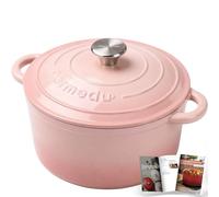 Parmedu 5.5L Enameled Cast Iron Dutch Oven with Lid Cookbook Durable Cast Iron Pot with Two Handles for Braising, Stewing, Roasting, Bread Baking, Pink, 5.5L