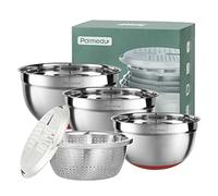 Parmedu 5-in-1 Multifunction Large 304 Stainless Steel Mixing Bowl Set, 3 Deep Nesting Salad Bowls Size 4QT, 3QT, 2.5QT & Colander & Grater, Model CK001
