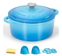 Parmedu Enameled Cast Iron Pot: 5.2 L Heavy Duty Dutch Oven with Lid and Dual Handles in Blue - Silicone Accessories and Sponge Included, Ideal for Braising, Stewing, Roasting and Baking, Ocean Blue