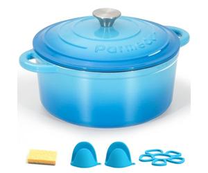 Parmedu Enameled Cast Iron Pot: 5.2 L Heavy Duty Dutch Oven with Lid and Dual Handles in Blue - Silicone Accessories and Sponge Included, Ideal for Braising, Stewing, Roasting and Baking, Ocean Blue