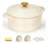 Parmedu Enameled Cast Iron Pot: 5L Heavy Duty Dutch Oven with Lid and Dual Handles in Blue - Silicone Accessories and Sponge Included, Ideal for Braising, Stewing, Roasting and Baking, Cream white