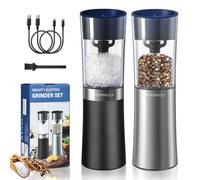 Parmedu Gravity Electric Salt and Pepper Grinder Set: USB Rechargeable Automatic Salt & Pepper Mill - Spice Grinder Adjustable Fineness, 100ml Transparent Washable Storage Bin, LED Light (2 Pack)
