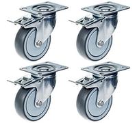 Parnells 100mm 4" Castor Grey Rubber Swivel With Brake Strong 440Kg Capacity, Set Of 4