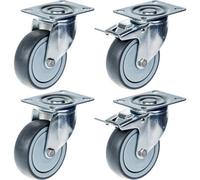 Parnells 100mm 4" Castor Grey Rubber Tyre Swivel & Brake Strong 440Kg Capacity, Set Of 4
