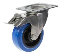 Parnells 100mm Stainless Steel Swivel/brake Castor With Blue Elastic Rubber On Nylon Cent