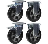 Parnells 200mm 8" Castor Black Rubber Brake & Fixed Strong 1800Kg Capacity, Set Of 4