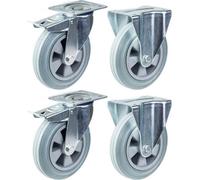 Parnells 200mm 8" Castor Grey Rubber Brake & Fixed Strong 820Kg Capacity, Set Of 4