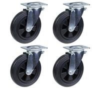 Parnells 4 - 200mm Castors Black Rubber Swivel 200Kg Each Heavy Duty 800Kg Per Set