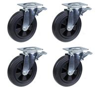 Parnells 4 - 200mm Castors Black Rubber Swivel Brake 200Kg Each Heavy Duty 800Kg Per Set
