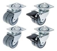 Parnells 50mm 2" Twin Wheel Castor Grey Rubber Swivel & Brake 280Kg Capacity, Set Of 4